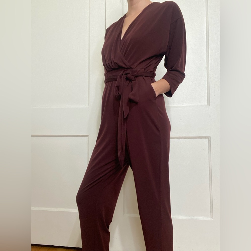 Express Half-Sleeve Burgundy V-Neck Tie-waist Jumpsuit